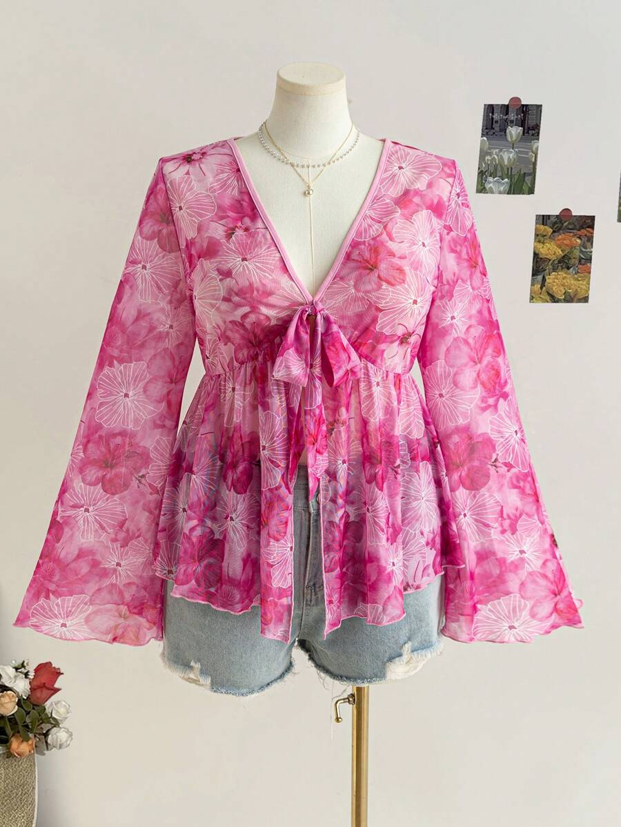 Soleia Áo cánh tay loe in họa tiết hoa cỡ lớn cho nữ, thắt eo phía trước - Nhiều màu - Xem 1