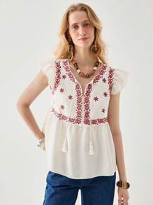 Florisole 女式春夏 V 领杏色流苏和刺绣花卉短袖衬衫