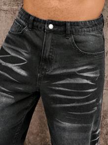 Manfinity Homme 男式宽松贴袋磨边休闲牛仔短裤 - 黑色 - 查看 8