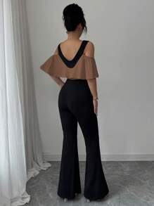 Selianne Women's Elegant Color Block Off-Shoulder Ruffle Jumpsuit - Khaki - View 2