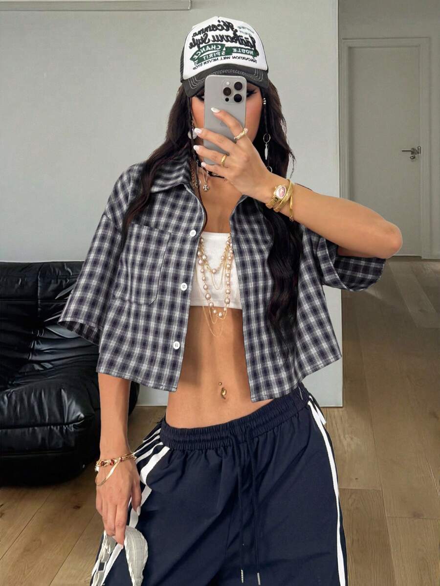 Coolane 女士春夏复古学院风短款格子宽松短款上衣新年红色衬衫女士 Polo 衫 - 藏蓝色 - 查看 1