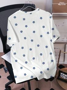 SHEIN EZwear Textured Floral Plus Size Casual Simple Round Neck Short Sleeve T-Shirt, Suitable For Summer - Multicolor - View 2