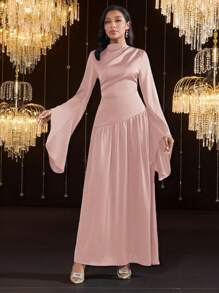 Veilorie 女士长袖连衣裙，纯色，夏季时尚 - 粉色 - 查看 7