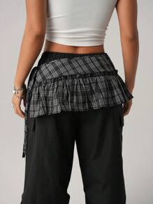 SHEIN ICON Women's Black Plaid Ruffle Hem A-Line Super Short Skirt - Black - View 6