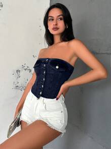 RueChic Medium Wash Denim With Pockets, Summer Style - Dark Wash - View 4