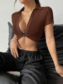 SHEIN EZwear Women's Twist Sheer Shirt, Fashion Design Suitable For Summer - Coffee Brown - View 4