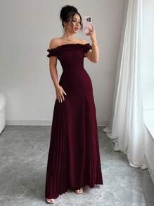 Elenzga 露肩荷叶边饰腰部喇叭下摆褶皱雪纺优雅浪漫女士连衣裙 - 酒紅色 - 查看 6