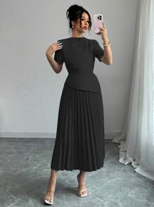 Elenzga 女士春夏通勤度假百褶系带连衣裙 - 黑色 - 查看 4