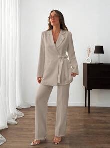 EURMUSE WOMEN ELEGANT SUIT SET WITH BELT DETAILED - Beige - View 7