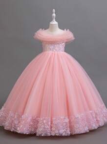 SHEIN Glamorique Kids Đầm voan không tay bồng bềnh, đính pha lê, viền xếp ly, đầm công chúa dự tiệc cho bé gái, đầm dự tiệc Giáng sinh/kỳ nghỉ, mùa thu và mùa đông. - Hồng - Xem 1