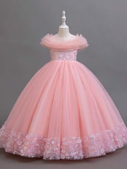 SHEIN Glamorique Kids Tulle Fluffy Sleeveless Dress, Crystal Decor Ruffle Hem Party Princess Gown For Girl  Princess  Halloween/Christmas Party Dresses For  Vacation  Autumn And Winter