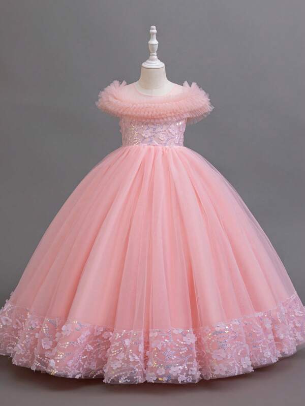 SHEIN Glamorique Kids Rüschenbesetztes Tüllkleid mit Rüschensaum, Kristalldekor Prinzessinnenkleid für Mädchen