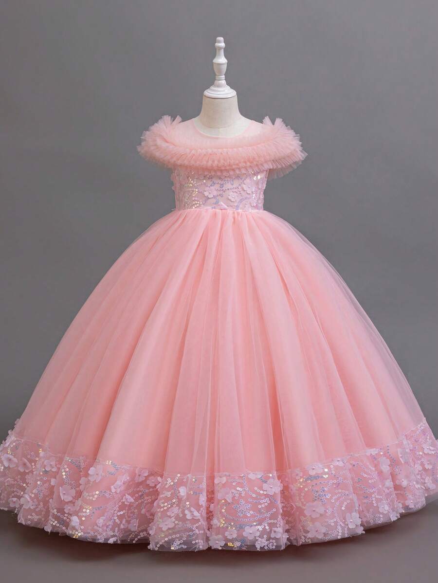 SHEIN Glamorique Kids Đầm voan không tay bồng bềnh, đính pha lê, viền xếp ly, đầm công chúa dự tiệc cho bé gái, đầm dự tiệc Giáng sinh/kỳ nghỉ, mùa thu và mùa đông. - Hồng - Xem 1