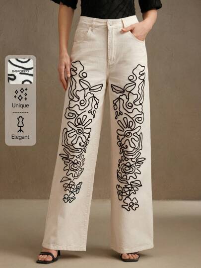 Anewsta Jeans rectos de tiro alto y pierna estrecha con relieve 3D, elegantes, para mujer