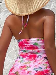 SHEIN Swim Set de 2 piezas Traje de baño de una pieza con estampado floral rústico, diseño con recortes y lazos, falda larga de estilo princesa elegante para fiestas en la playa, viajes y vacaciones de verano - Multicolor - Ver 5