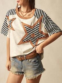 Bohemela Vintage amerikanischer, legerer Urlaubs-Stil, Farbblock Sternmuster Loose Fit Rundhals Kurzarm Damen T-Shirt