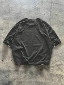 AXEPEAK 男士针织休闲日常宽松短袖拼布 T 恤，夏季，街头潮流必备 - 深灰色 - 查看 2