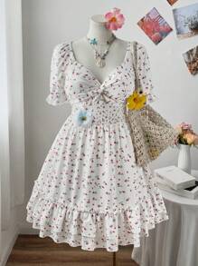 Flirla Plus Size Women's Spring/Summer Square Neck Twisted Chest Short Sleeve Ruched Double Hem Ditsy Floral White Knee-Length Dress - White - View 6