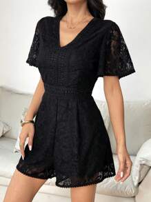 Bellastra 女士 V 领性感高端蕾丝花边腰部拼接精致法式透明蕾丝连体衣 - 黑色 - 查看 4