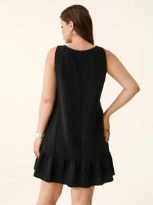 SHEIN LUNE Plus Size Casual Solid Color 3D Flower Decor Sleeveless Dress, Suitable For Vacation - Black - View 2