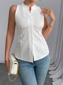 Chiquease Chemise casual à col V sans manches et monorang pour femmes, en couleur unie