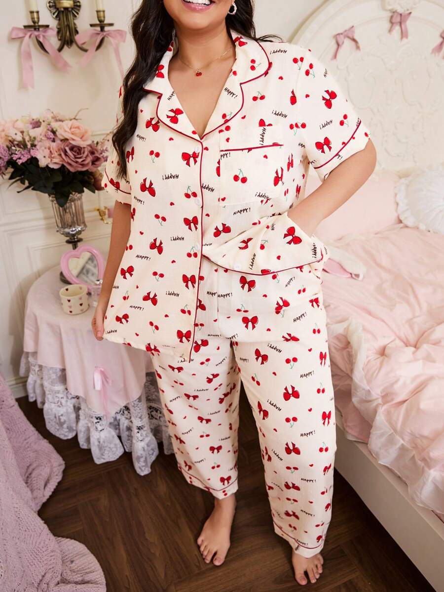 Plus Size Bow & Cherry Print Pajama Set - Multicolor - View 1