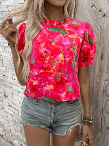 Flower Print Frill Trim Puff Sleeve Casual Shirt - Multicolor - View 3