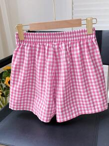 Comfortcana Valentine's Day Plus Size Women Loose Plaid Pattern Elastic Waist Shorts - Pink - View 7