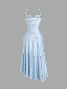 Sweetra Women's Summer Knit Camisole Dress With Twist Front And Double Layer Ruffle Hem, Long - Blue - View 2