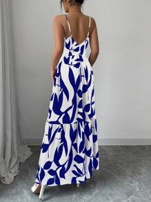 Calvaya Casual Blue Floral Waist Cutout Strap Dress For Women
