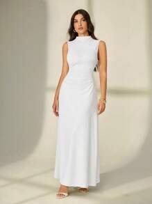 SHEIN Tall Valentine's Day New White Stand Collar Sleeveless Ruched A-Line Maxi Dress, Elegant Romantic Date & Work Outfit,Summer Dresses For Women,Tea Party Dress,White Graduation Dress,Business Casual Woman - White - View 6