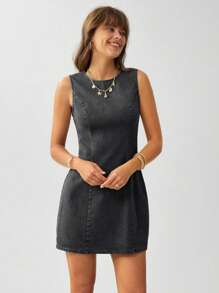 SHEIN LUNE Western Wear Women Women's Sleeveless Crew Neck Bodycon Distressed Denim Mini Dress - Black - View 5