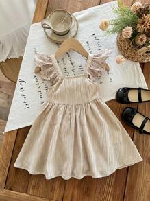 LMoss Kids 女宝宝可爱夏季蝴蝶结镂空杏色盖袖连衣裙 - 杏色 - 查看 5