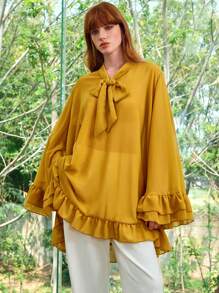 Aveloria Women Chiffon Ruffle Hem V-Neck Bowknot Fashionable Commuter Elegant Solid Color Long Loose Blouse,Summer Tops,Long Sleeve Top,Festival,Country Concert,Bohemia,Boho - Mustard Yellow - View 3