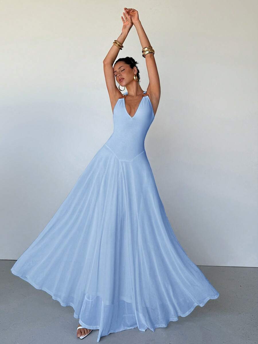 Aloruh 女士优雅深 V 形吊带连衣裙，金属装饰，A 字廓形，适合约会、派对、婚礼、毕业典礼 - 淺藍色 - 查看 1