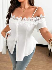 SHEIN Clasi Plus-Size Women's One-Shoulder Lace Patchwork Short-Sleeved Buttoned Slimming Shirt - White - View 4