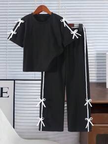 SHEIN 女童休闲时尚日常圆领短袖短款黑色T恤，3D蝴蝶结装饰，直筒宽松裤，夏季两件套 - 黑色 - 查看 4