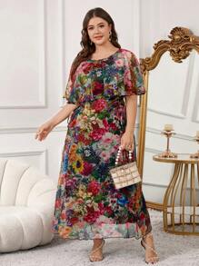 SHEIN Clasi Plus Size Women Vacation All Over Print Round Neck Side Tie Waist Dress,Flowy Dress,Sun Dresses For Women