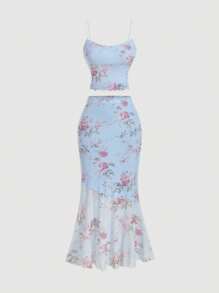 SHEIN MOD 女士度假蓝色碎花两件套服装：可爱上衣和美人鱼裙，适合日常穿着、夏季、海岛度假服装、西部风、外出上衣、波西米亚风女装、海滩度假服装、伊比萨岛服装、仙女风、女士两件套服装、裙子两件套、双人夏季 - 彩色 - 查看 1