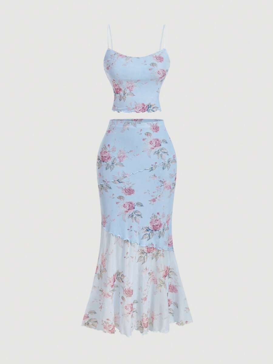 SHEIN MOD 女士度假蓝色碎花两件套服装：可爱上衣和美人鱼裙，适合日常穿着、夏季、海岛度假服装、西部风、外出上衣、波西米亚风女装、海滩度假服装、伊比萨岛服装、仙女风、女士两件套服装、裙子两件套、双人夏季 - 彩色 - 查看 1