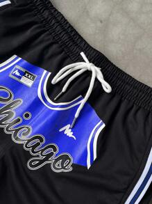 Aesthetic Post--Men's Casual Sports Letter Print Drawstring Waist Shorts, Summer ,Basketball Shorts, Chicago Shorts, Men S Basketball Short - Black - View 4