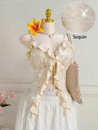 Comfortcana Plus Size Spaghetti Strap Tie Front Sequin Decor Minimalist Top