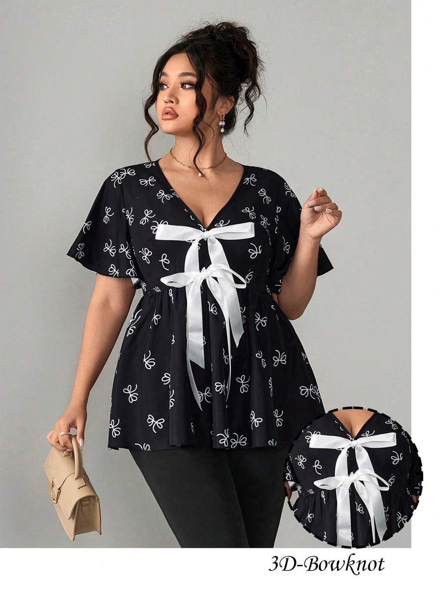 Elenzga Plus Size Women's Summer Casual Vacation Ribbon Bowknot Ruffled Sleeve A-Line Waist Shirt - Black - View 1