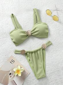 Soleia 2 件套女士甜美绿色 3D 装饰比基尼套装，适合度假 - 綠色 - 查看 1