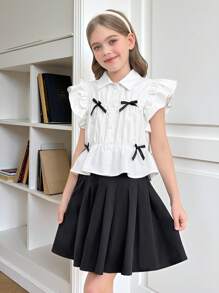 SHEIN Tween Girls' Cute Summer School Back-To-School Black And White 2 Pieces Set,Woven Cap Sleeve Bow Ruffle Trim White Blouse And Black Pleated Skirt - Black and White - View 4
