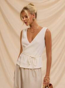 Avantive 白色纹理不对称系带无袖上衣，适合女士度假和休闲装夏威夷女装白色女装便宜衣服 - 白色 - 查看 5