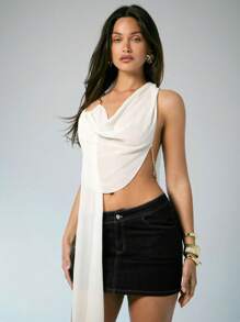 Denimoi 春夏性感露背链条装饰低胸无袖短款外出上衣，音乐节，海滩，链条上衣，露背上衣，性感上衣，时尚，夏季上衣，度假上衣，度假，演唱会，俱乐部，雪纺上衣，伊比沙岛 - 杏色 - 查看 6