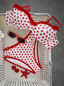 Swim Mod Summer Vacation Beach Polka Dot Printed Cropped Top & Frill Shorts Bikini Set - Red - View 3