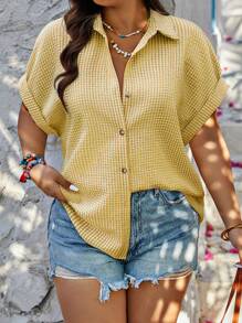 Calvaya 大码女式格子单排扣蝙蝠袖夏季衬衫