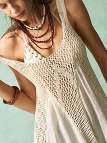 Bohemela Leisure Holiday Crochet Splicing Elegant Chiffon Large Square Neck Ruffle Hem Suspender Dress - Apricot - View 2